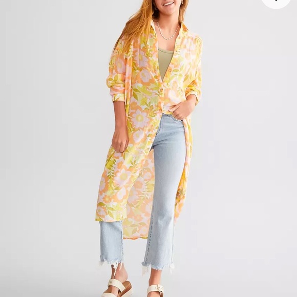 Billabong Midi Button Front Collared Floral Shirt Swim cover up kimono Large - Picture 13 of 13